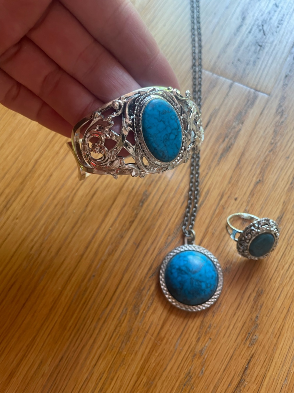 Vintage costume jewelry Turquoise Stone Silver Set necklace, ring, bracelet